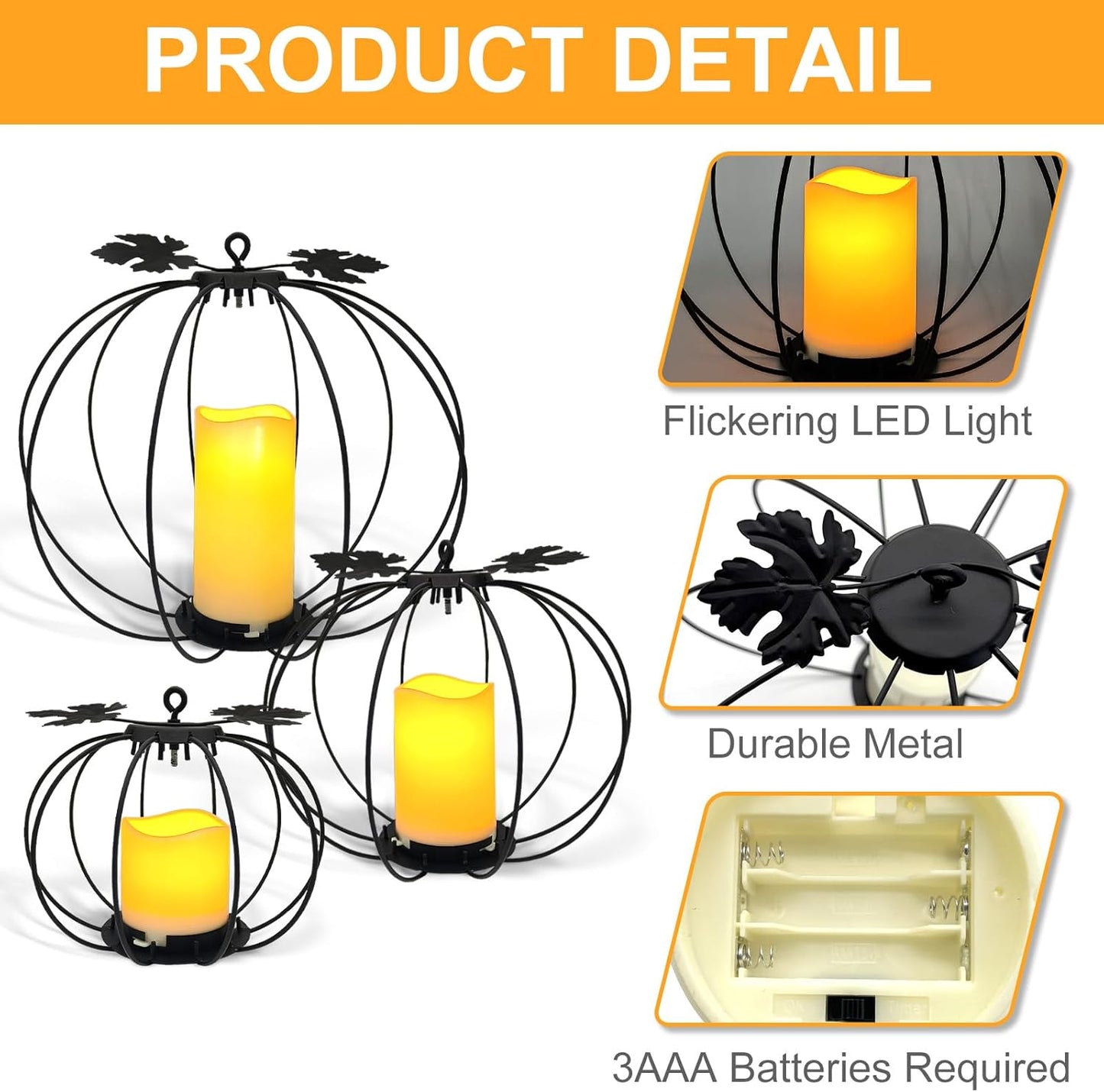 Halloween Metal Pumpkin Candle Holder, 3 Pcs Light up Black Pumpkin Lantern with LED Flickering Yellow Candle Lights Build in Timer for Thanksgiving Halloween Harvest Fall Home Decor