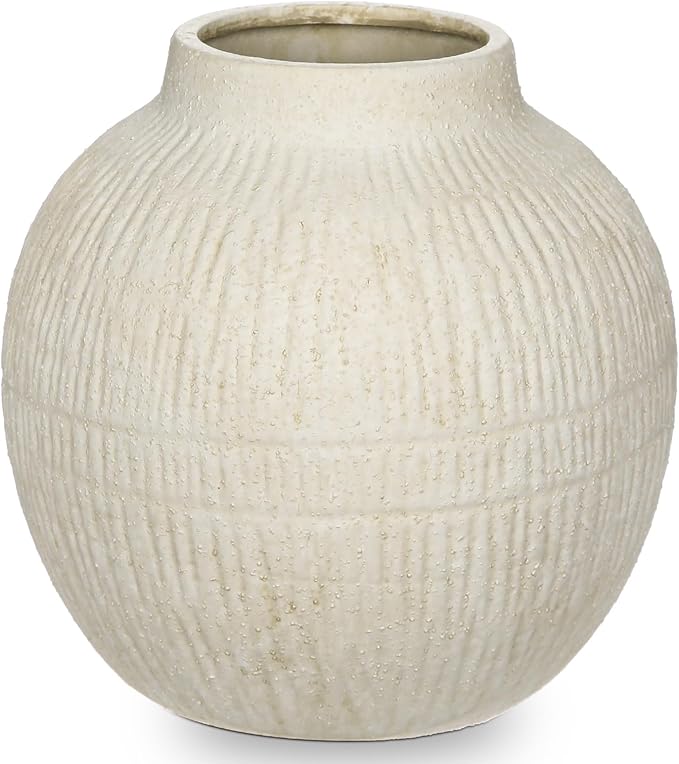 7" Short Round Clay Vase with Vertical Engravings Texture, Sand-Grain Tactile, Wide Ceramic Vase for Cafe Centerpiece Decor, Bohemian Style, Small & Beige White
