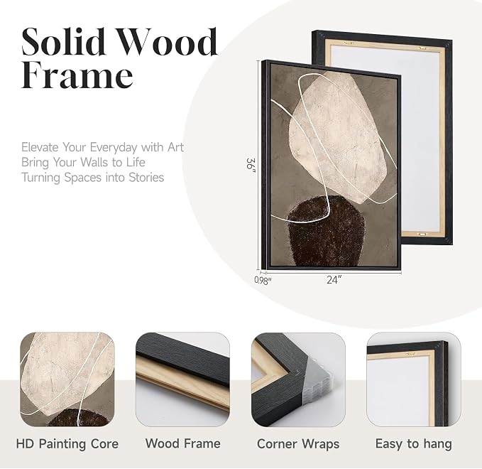 Framed Modern Abstract Wall Art for Living Room, Set of 2 Beige Brown Neutral Canvas Artwork for Walls, Large Contemporary Wabi Sabi Minimalist Painting Print for Hallway Bedroom Wall Decor, 24x36 In