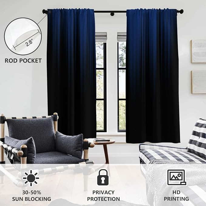 AAtter Navy Blue and Black Ombre Window Curtains, 2 Panels, 42" W x 63" L | Modern Striped Rod Pocket Drapes, Dark Gradient Abstract Style, Cool Anime Masculine Design, Trendy Bedroom Decor for Men
