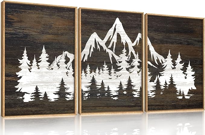LHIUEM Large Mountain Tree Framed Canvas Wall Art Set,Modern White Forest Art Printing Country Minimalist Wood Wall Decor Farmhouse Zen Artwork for Living Room Bedroom Office-16 x24 x3