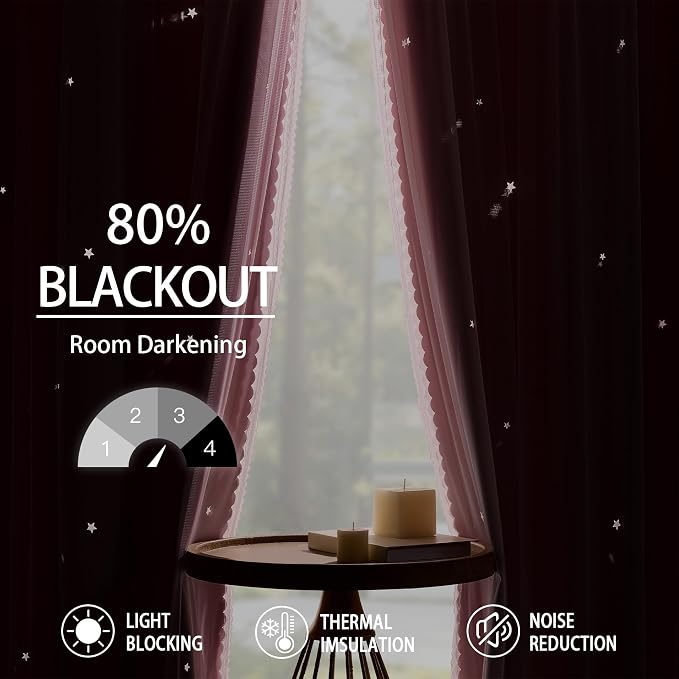 XiDi Star Blackout Curtains for Bedroom 72 Inch Length 2 Panels Pink Curtains with Sheer Overlay for Girls Kids Privacy Thermal Insulated Rod Pocket Window Curtains for Patio French Door W34 x L72