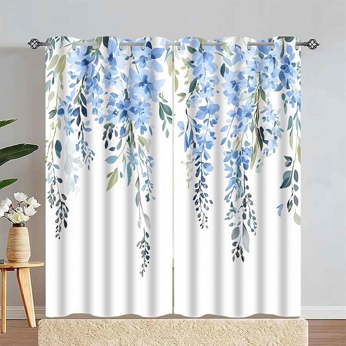 Blue Watercolor Floral Curtains, 42x84 inch, 2 Panels | Botanical Leaves Vine Flowers, Rustic Farmhouse, Blackout Window Treatment, For Bedroom Living Room