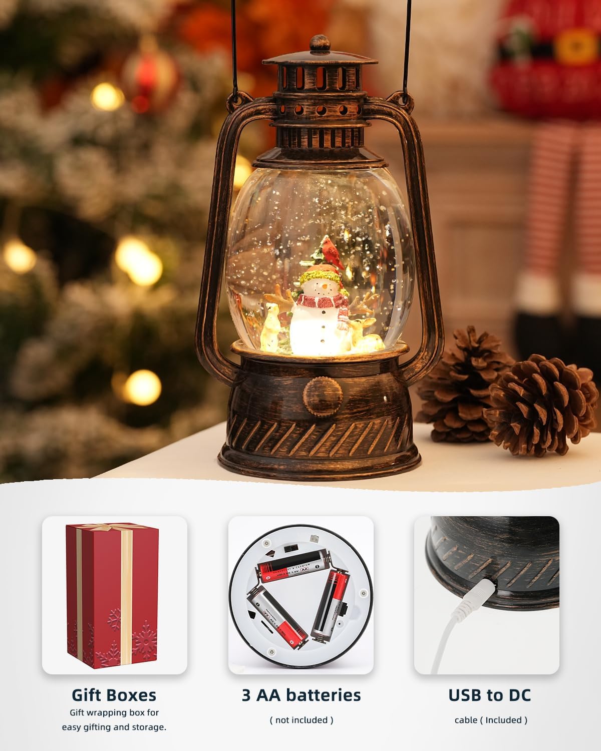 Christmas Decorations Indoor-Musical Snow Globe with 6H Timer,Snowman Cardinal Deer Lighted Scene Snow Globes Lantern USB or Battery Powered,Christmas Decorations Decor for Home