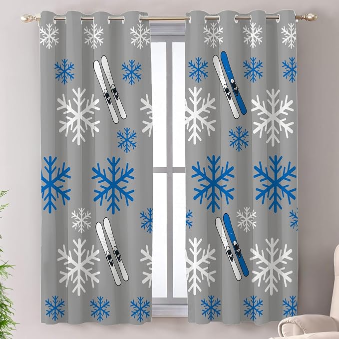 Shrahala Snowflakes Skis Blackout Window Curtains, Winter Sports Themed Pattern Thermal Insulated Curtains Grommet Long Drapes for Bedroom,Living Room (2 Panels, 52 X 63 in)