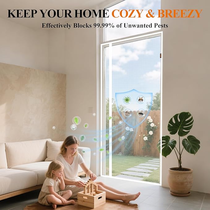 MAGZO Magnetic Screen Door, Fits 34'' x 82'' Door(Mesh Size 36'' x 83''), Left Right Side Opening, Scratch-Proof Polyester, Pet&Kids Friendly, Keep Annoying Creatures Out, with Keep Open Straps, White