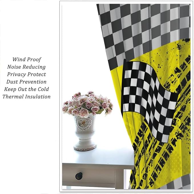 Race Car Window Curtains,Kids Teens Boys Checkered Flag Game Theme White Black Yellow Window for Dining Room Office Living Room Kitchen Bedroom Cafe Drapes, 55x63 in