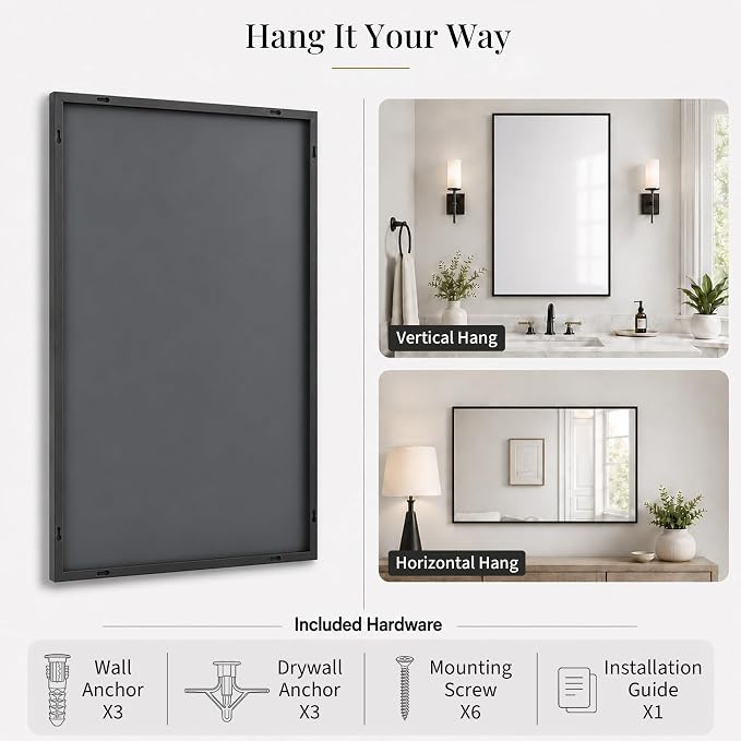 24"x36" Matte Black Framed Rectangle Bathroom Vanity Wall Mirror | Over-Sink Vanity Mirror, Slim Metal Frame, Entryway or Dresser Use, Vertical/Horizontal Mount, Tempered Glass