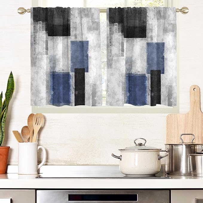 AAtter Blue Black Grey Window Curtain for Kitchen Navy White Gray Abstract Mens Minimalist Small Short Home Living Room Bedroom Bathroom Drapes Treatment Fabric 1 Pair, 27.5" W x 36" L, Modern