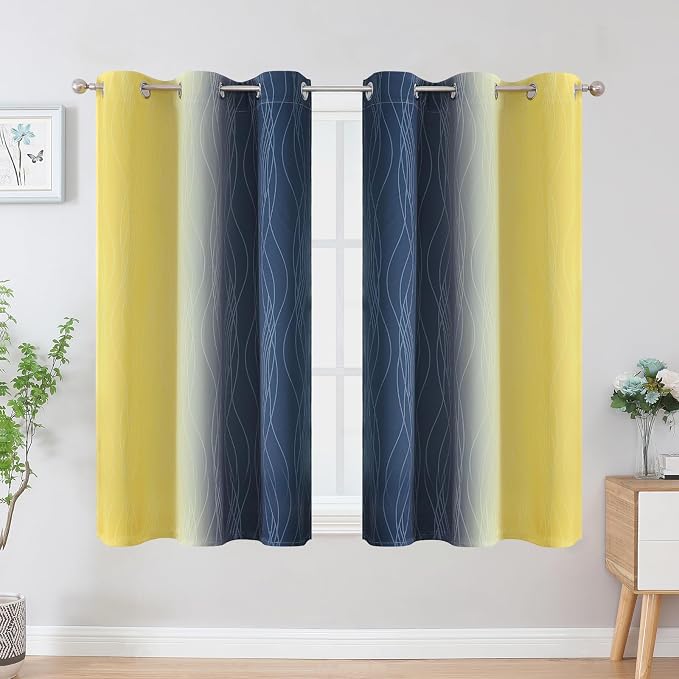 Estelar Textiler Navy Blue and Yellow Ombre Blackout Curtains 54 Inch Length 2 Panels, Full Room Darkening Gradient Drapes for Window, Thermal Insulated Grommet Short Curtains for Bedroom,42Wx54L