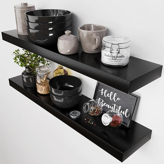 Solid Wood Floating Shelves for Wall 30 Inches Long, Black Wooden Shelf | Real Wood, 30 Inch, Bathroom Shelf Large, Heavy Duty, Wall Mounted, Kitchen Bedroom, Black Finish, 30W × 6.7D, Set of 2