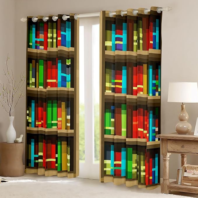 Castle Fairy Bookshelf Window Curtain,Pixelated Bookshelf Blackout Window Treatment,Teens Woman Men Pixel Style Games Bedroom Curtains Anime Bookcase Theme Living Room Decor Top 2 Panels,52Wx96L