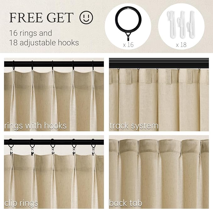 Topfinel Natural Linen Pinch Pleated Curtains 84 Inch Length 2 Panels for Bedroom,Textured Linen Farmhouse Boho Semi Sheer Window Curtain Back Tab Pinch Pleat Drapes with Hooks 84 Inches Long