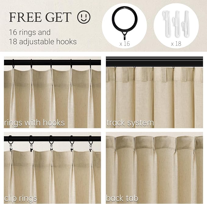 96 Inches Long Pinch Pleated Semi Sheer Curtains,Beige Light Linen Blended Light Filtering Window Curtains 96 Length 2 Panels for Living Room Bedroom Pinch Pleat Drapes with Hooks 2 Panels 40" Wx96 L