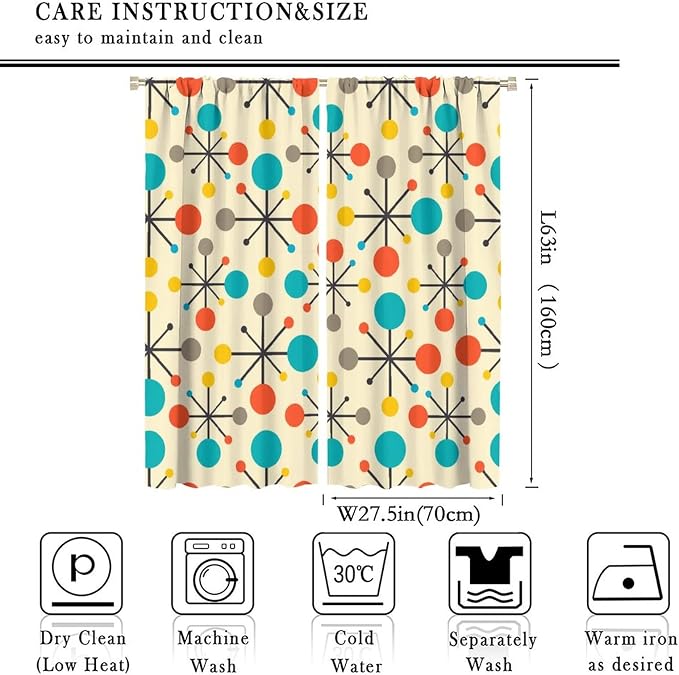 JESTRONRY Mid Century Curtains,Mid Century Fifties Modern Retro Colors Pattern Blackout Rod Pocket Window Drapes for Living Room Bedroom Kitchen Bathroom Home Decor 55x63in