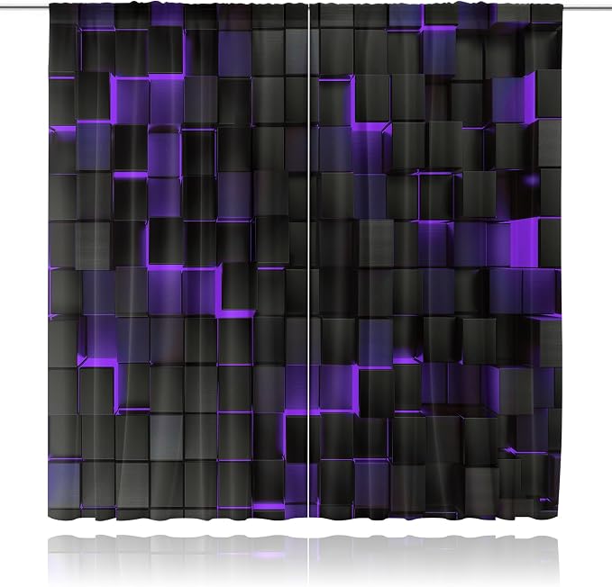 MESHELLY Abstract Black Purple Curtains 42Wx63H Inch Rod Pocket Modern 3D Gradient Design Futuristic Geometric Cubes Bedroom Window Drapes Man Boys Printed Minimalist Living Room Window Fabric 2 Panel