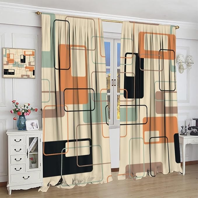 JESTRONRY Mid Century Blackout Curtains,Retro Square Design Modern Style Blackout Window Door Curtains for Bedroom Living Room Home Decor 52x84in