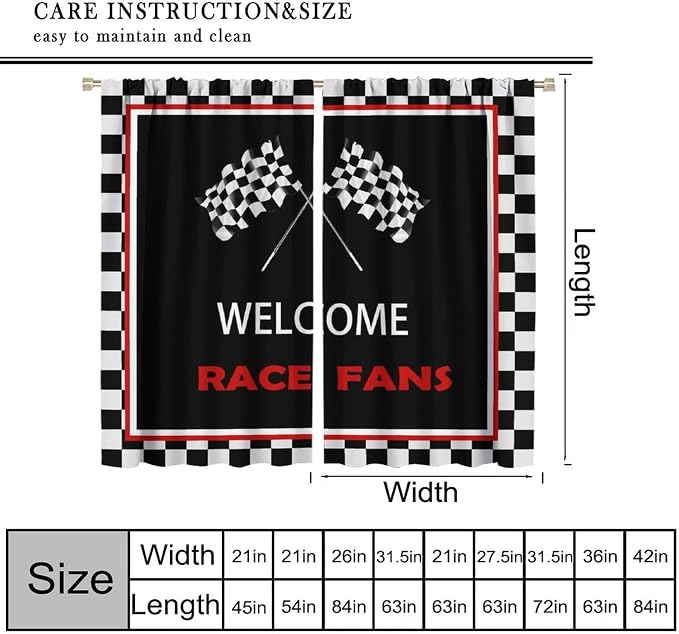 Racing Theme Blackout Curtain,Checkered Flag Black White Race Car Window Curtains Cloth Farbic for Kitchen Bedroom Cafe Dining Room Office Living Room Drapes, 52x84 in