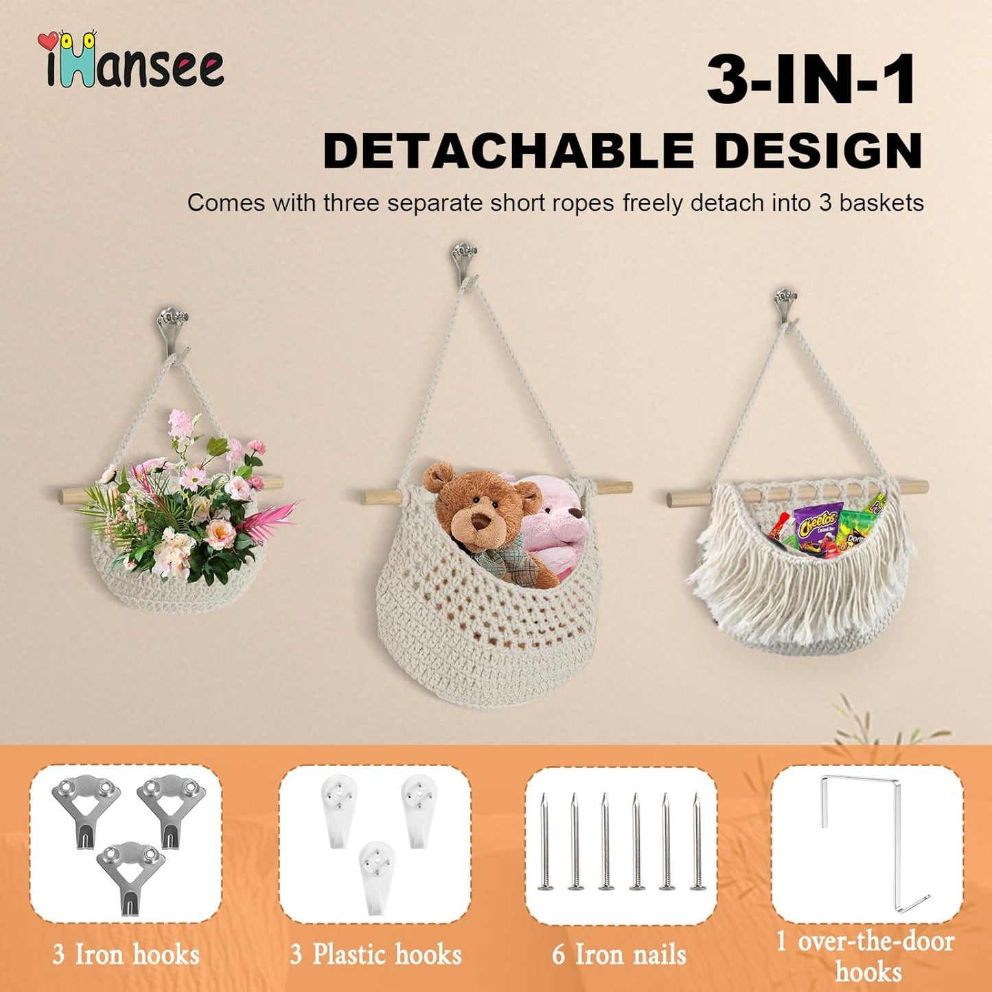 Hanging Baskets for Organizing, 3 Tier Detachable Wall Hanging Fruit Basket Over the Door Organizer for Fruit Vegetable Plant, Beige Boho Cotton Crocheted Fruit Holder for Kitchen Bathroom Bedroom