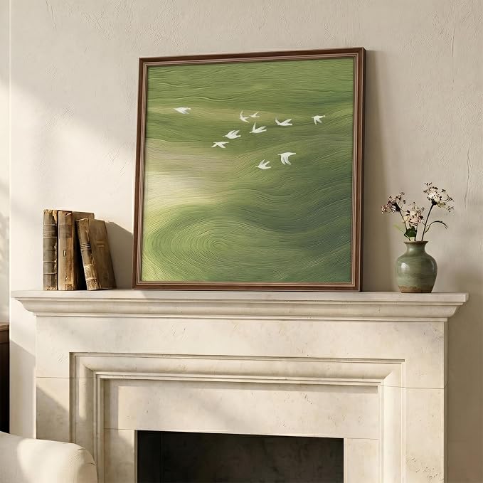 Vintage Framed Green Abstract Wall Art, Modern Minimalist Sage Green Canvas Prints Artwork for Walls, Rustic Square Birds Pictures for Living Room Bedroom Dining Room Bathroom Wall Decor, 24x24 In