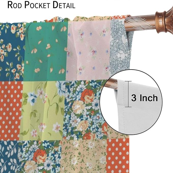 Boho Floral Patchwork Blackout Curtains Farmhouse Patchwork Quilted Country Check Plaid Print Window Drapes for Bedroom Living Room Kitchen Cafe （W27.5xL63 Inch） x2 Panels