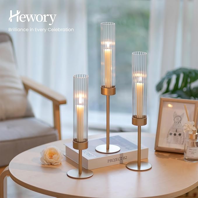 Hewory Gold Hurricane Candle Holder: 3PCS Candlestick Holders for Decor | Ribbed Glass, Brass Taper Candle Holders at 3 different heights, for Table Centerpiece Wedding Party Christmas Decorations