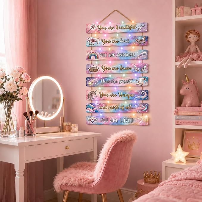 Dreamy Unicorn Room Decor Set of 8 with Led Light for Teen Girls Kids Toddler, Preppy Inspirational Rainbow Galaxy Wood Nursery Wall Decor for Dorm Bedroom, Cute Dreamy Chic Motivational Princess Room Decor