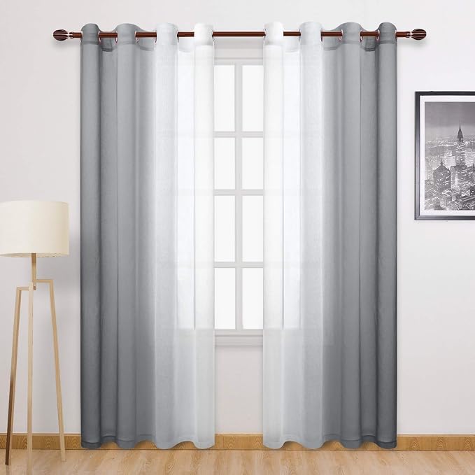 DWCN Grey Ombre Faux Linen Sheer Curtains - Extra Long Gradient Semi Voile Light Filtering Grommet Top Bedroom and Living Room Curtains, 52 x 102 Inches Long, Set of 2 Window Curtain Panels
