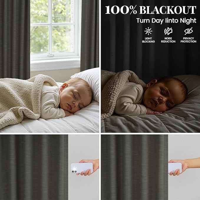 Topfinel Charcoal 90 Inch Long Blackout Bedroom Curtains Back Tab & Rod Pocket, Modern Farmhouse Blend Linen Panels for Track System, Modern Chic Carbon Grey Noise Cancelling Drapes 52" W*90" L