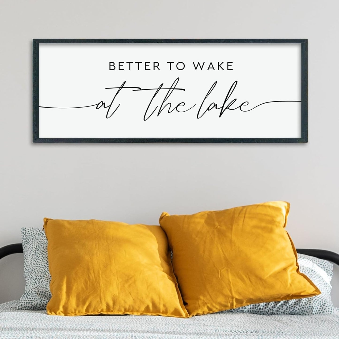 LuZhiQiang Better To Wake At The Lake Above Bed Wall Decor 40"×15" for Lake House Bedroom Over Bed Sign Wood Framed Large Wall Hanging Art (Black)