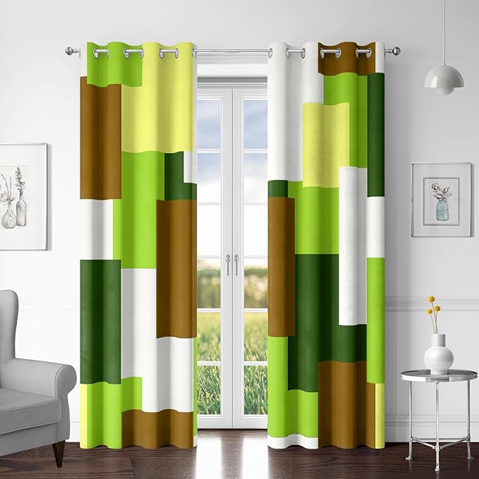 Tyrot Avocado Green 100% Blackout Curtains for Bedroom 63 inch Long 2 Panels Set White Modern Abstract Geometric Black Out Curtains Insulated Room Darkening Window Drapes for Living Room, 52Wx63L