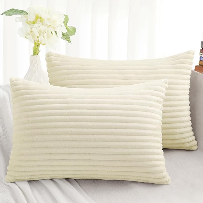 Simmore Decorative Fall Throw Pillow Covers 12x20 Set of 2, Soft Natural Plush Flannel Double-Sided Fluffy Rectangle Pillow Covers for Couch Sofa Living Room, Beige