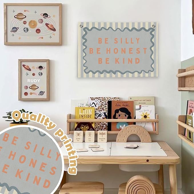 RTXLEZM Kids Room Decor, Be Silly Be Honest Be Kind Nursery Banner | Retro Blue Striped Inspirational Wall Hanging for Kids Toddler Boys Girls Nursery Room Bedroom Playroom Decor