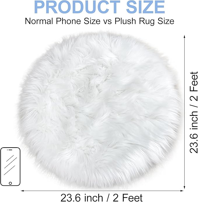 White Faux Fur Rug Small Round Fluffy Rug 2x2 Feet Round Rug for Kids Room Round Fuzzy Throw Rug for Bedroom Non-Slip Shag Faux Fur White Circle for Living Room Round Furry Rugs for Girls Room