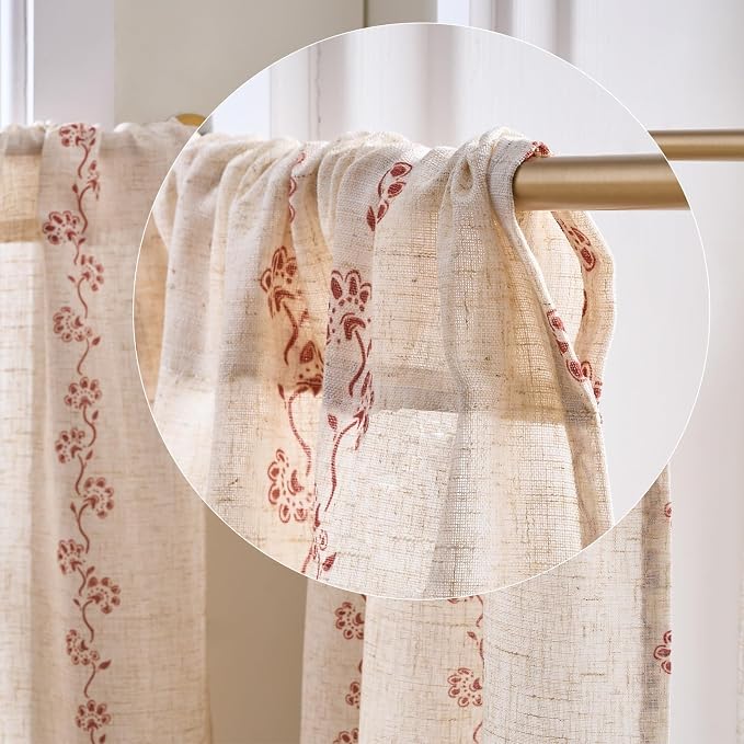 jinchan Katy Linen Floral Kitchen Curtains 36 Inches Length Stripe Cafe Curtains Farmhouse Cottagecore Tier Small Window Drapes for Living Room Light Filtering Rod Pocket 2 Panels Terracotta on Linen