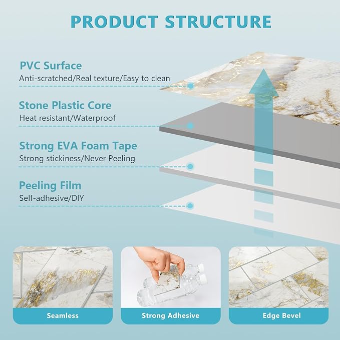 Vamos Tile 4-Piece Peel and Stick Backsplash Seamless Tile,3''x6'' Glossy Pandora Marble with Gold Veining PVC Subway Tile,Stick on Backsplash for Kitchen/Bathroom/Laundry Room