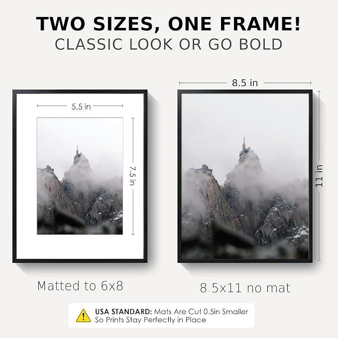 FLYJOE 8.5x11 Certificate Frame, Aluminum Diploma Frame for Document, Black | Sleek Black Document Frame with 6x8 Opening for Diploma, Certificate, Award & Letter Size Photo | Wall Kit Included