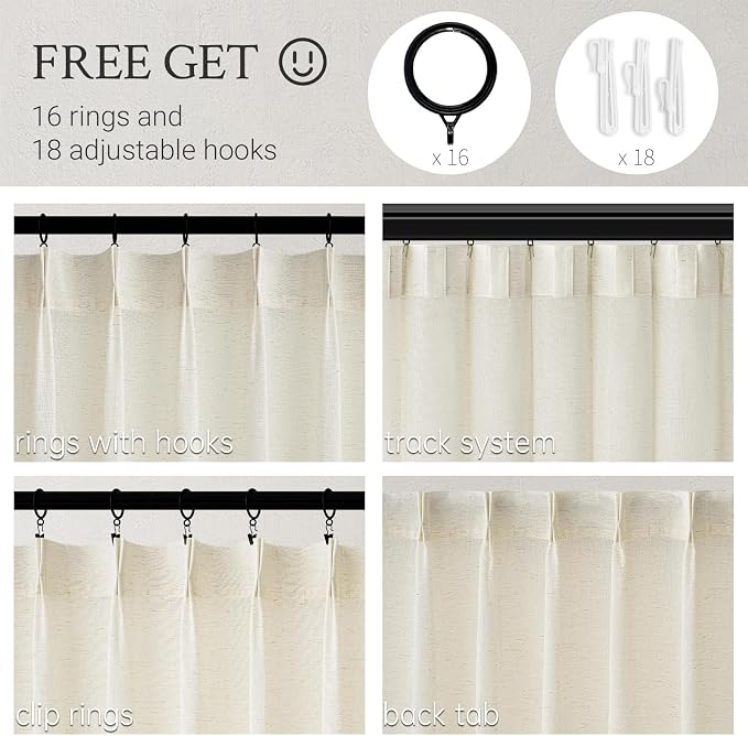 Topfinel Natural Pinch Pleated Linen Curtains 95 Inch Length 2 Panels for Living Room Bedroom Semi Sheer Window Curtain Boho Neutral Back Tab Pinch Pleat Drape with Hooks 95 Inches Long