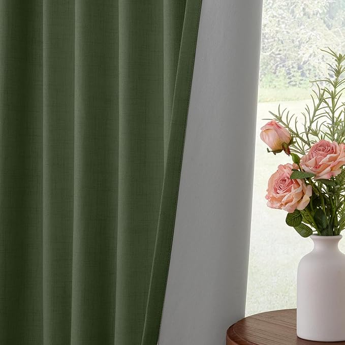 INOVADAY 100% Blackout Curtains for Bedroom, Black Out Curtains 80 Inch Long, Clip Rings Linen Blackout Drapes, Thermal Insulated Room Darkening for Living Room, 2 Panels - Olive Green,W50xL80