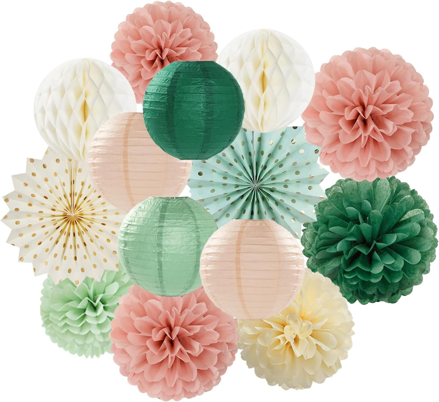 Sage-Green Pink-Beige Boho Party-Decorations Streamers - 14pcs Rustic Neutral Wedding Olive Paper Honeycomb Lanterns Fan,Birthday Baby Bridal Shower Engagement Decor Lasting Surprise
