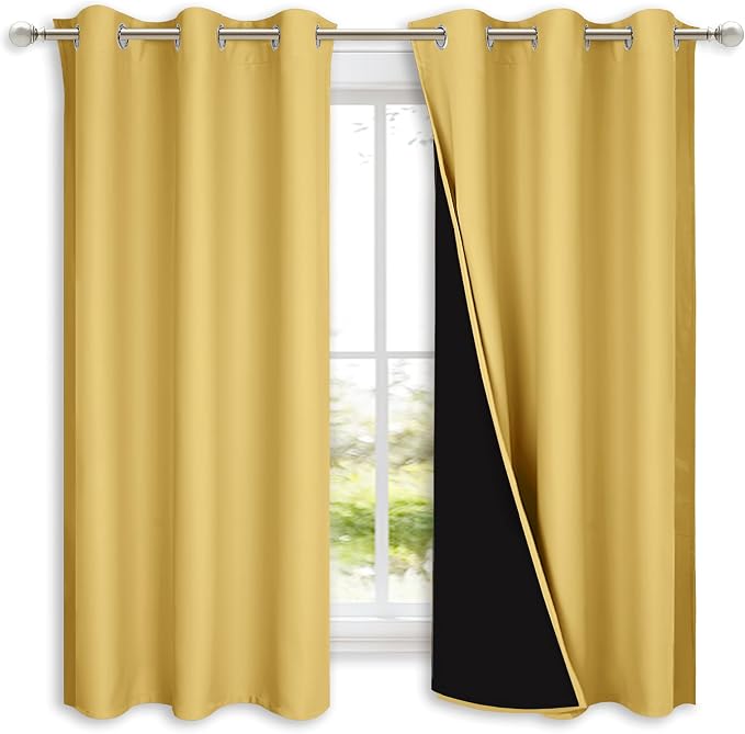 NICETOWN 100% Blackout Curtains with Black Liners, Solid Thermal Insulated Full Blackout 2-Layer Lined Drapes, Energy Efficiency Window Draperies for Bedroom (2 Panels, 42" W by 63" L, Bright Yellow)