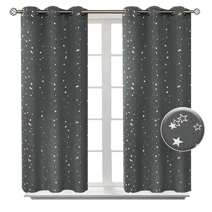 BGment Kids Blackout Curtains for Bedroom - Grommet Thermal Insulated Silver Star Print Room Darkening Curtains for Living Room, Set of 2 Panels (38 x 45 Inch, Dark Grey)