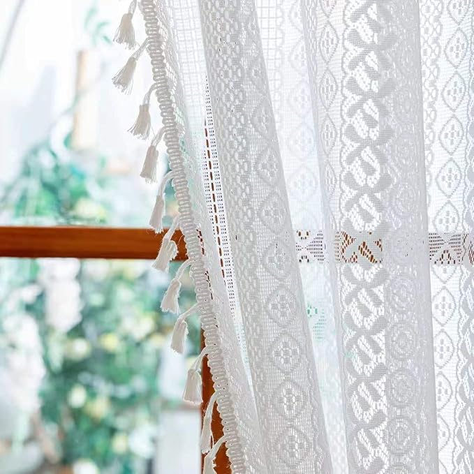 Sutuo Home White Boho Lace Kitchen Curtains 54 inches Long, Cottagecore Semi Sheer Privacy Crochet Vintage Tassels Bohemian Window Cream Curtains Drape for Nursery Decor Rod Pocket, 2 Panels 50" W