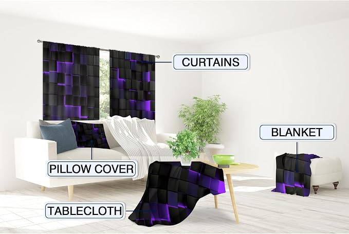 MESHELLY Abstract Black Purple Curtains 42Wx63H Inch Rod Pocket Modern 3D Gradient Design Futuristic Geometric Cubes Bedroom Window Drapes Man Boys Printed Minimalist Living Room Window Fabric 2 Panel
