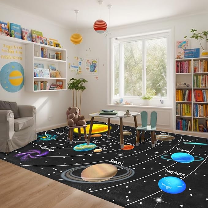 Space Rug for Boys Room - Outer Space Rug for Bedroom 6x8 Feet Solar System Planet Theme Carpet Decor for Kids Bedroom Playroom Classroom Decor