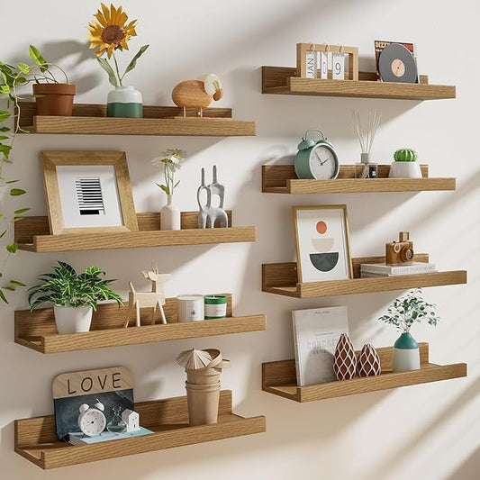 Heimlove 20 inch Picture Ledge Shelf Set of 8,Long Floating Shelves for Wall,Oak Picture Shelf with Lip for Wall Decor,Living Room Bedroom Bookshelf Photo Frames Nursery Book Shelves for Storage