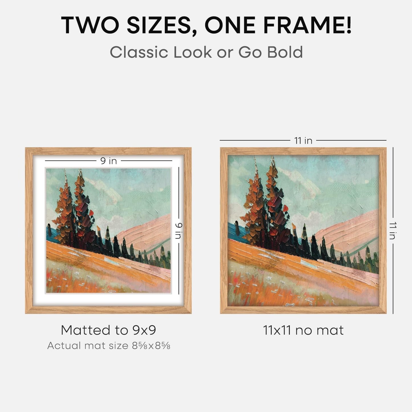 Homeforia 11x11 Picture Frame Wood, High-End Natural Oak 11 x 11 Thin Square Poster Frames with Mat 9 by 9 inch Photo, 11by11 Light Wooden Frame Matted to 9x9 Print, Tempered Glass, Wall Kit, Set of 1