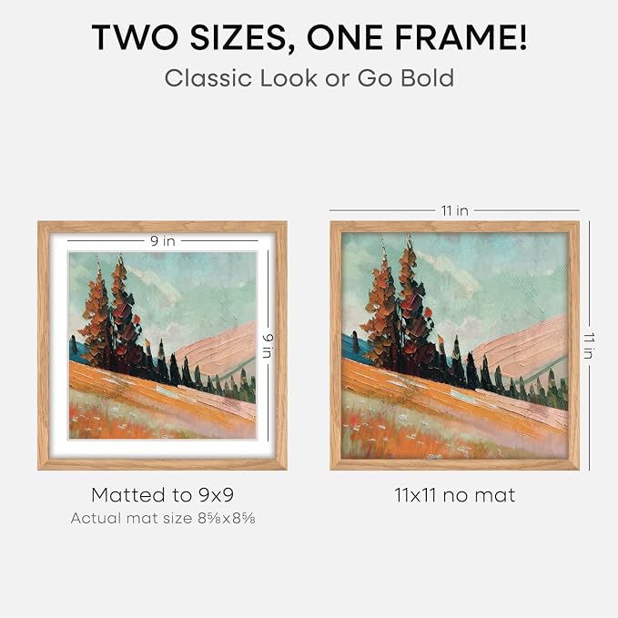 Homeforia 11x11 Picture Frame Wood, High-End Natural Oak 11 x 11 Thin Square Poster Frames with Mat 9 by 9 inch Photo, 11by11 Light Wooden Frame Matted to 9x9 Print, Tempered Glass, Wall Kit, Set of 2