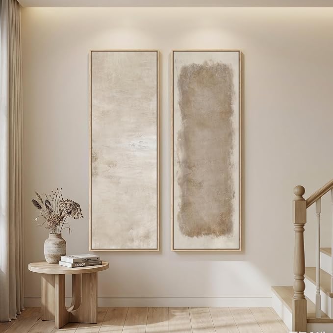 Large Framed Neutral Abstract Vertical Wall Art, Set of 2 Modern Canvas Prints Paintings for Walls, Tall Beige Cream Long Narrow Minimalist Pictures for Living Room Bedroom Hallway Entryway Wall Decor