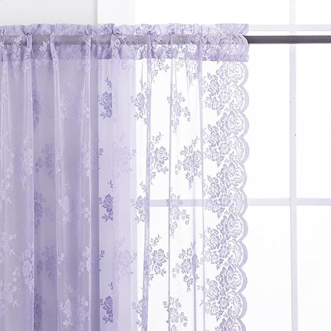 Light Purple Sheer Curtains 45 Inch Length, 2 Panels, W42 x L45 Inch Each, Country Rustic Floral Vintage Lace Curtains for Closet Bathroom Window, Rod Pocket Privacy Light Fitlering Lace Tier Curtain